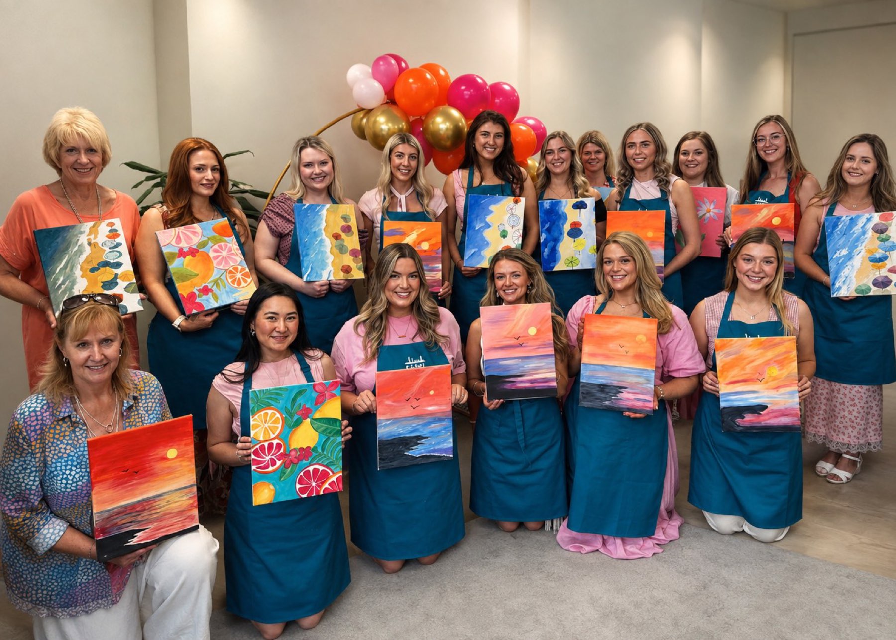 A hen party holding their finished canvases